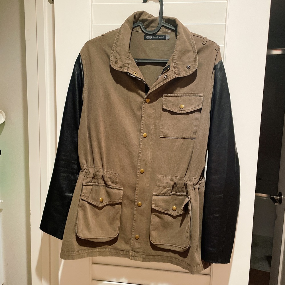 JET by John Eshaya black leather sleeve khaki jacket